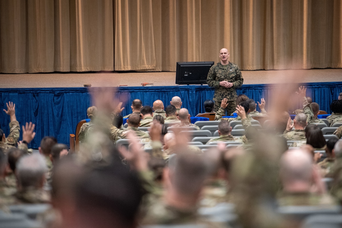Senior Enlisted Advisor to the Chairman of the Joint Chiefs of Staff U.S. Marine Corps Sgt. Maj. Troy E. Black speaks at the Polifka Auditorium on Maxwell Air Force Base, Ala., Feb. 21, 2024. Black spoke at the Chief Master Sergeant Orientation Course about E-9 roles and responsibilities, the joint force, and future warfighting. (U.S. Air Force photo by Tech. Sgt. Brycen Guerrero)