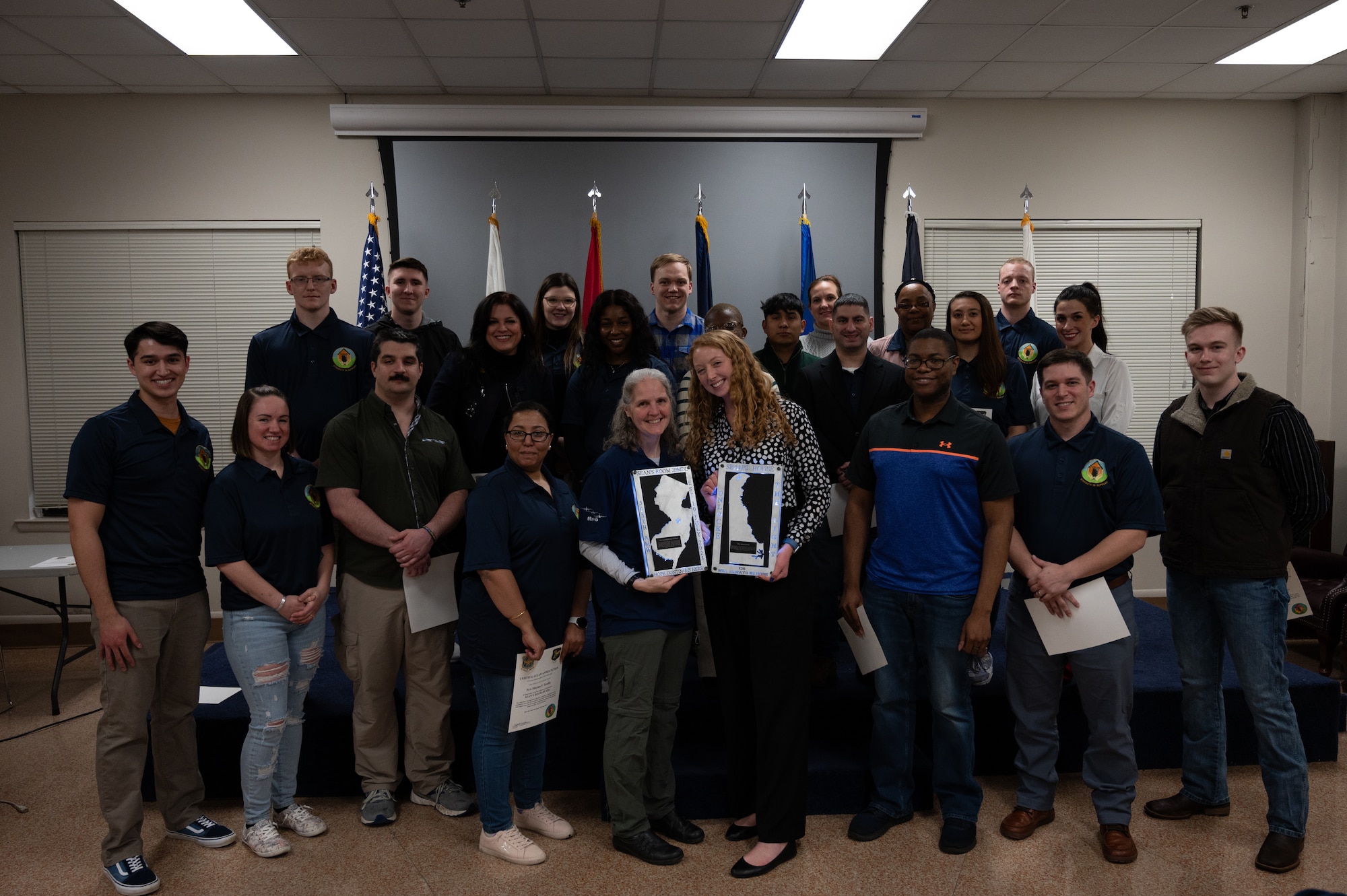 The 305th Air Mobility Wing command team hosts an appreciation dinner for Sean’s Room volunteers at  Joint Base McGuire-Dix-Lakehurst, N.J., Feb. 20, 2024. Modeled after Sean’s House, a program based in Newark, Del., Sean’s Room offers a safe peer-to-peer environment for JB MDL personnel to receive mental health support and maintain confidentiality as required by law. Sean’s House was originally founded by Christopher Locke after he tragically lost his son, Sean, to suicide in 2018.  (U.S. Air Force photo by Senior Airman Sergio Avalos)