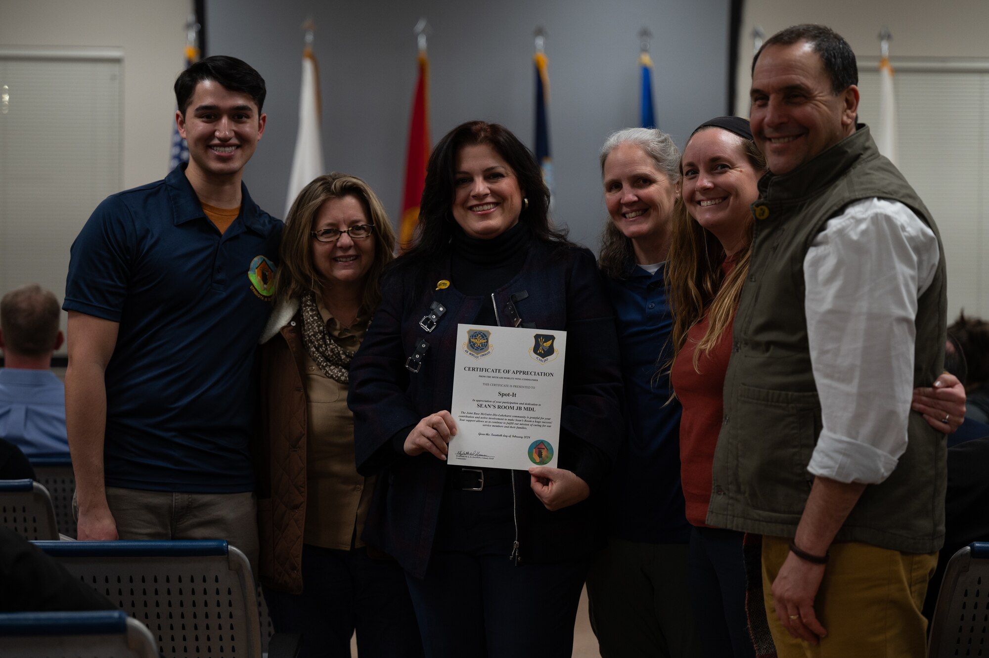 The 305th Air Mobility Wing command team hosts an appreciation dinner for Sean’s Room volunteers at  Joint Base McGuire-Dix-Lakehurst, N.J., Feb. 20, 2024. Modeled after Sean’s House, a program based in Newark, Del., Sean’s Room offers a safe peer-to-peer environment for JB MDL personnel to receive mental health support and maintain confidentiality as required by law. Sean’s House was originally founded by Christopher Locke after he tragically lost his son, Sean, to suicide in 2018.  (U.S. Air Force photo by Senior Airman Sergio Avalos)