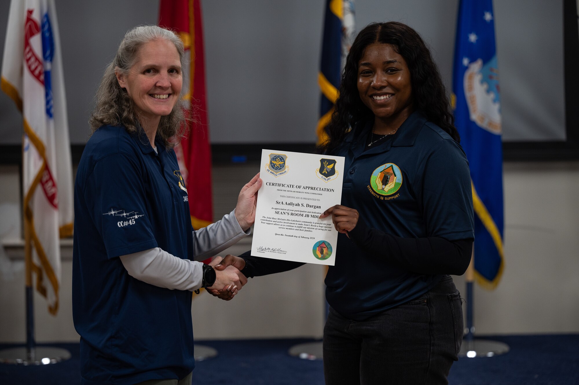 The 305th Air Mobility Wing command team hosts an appreciation dinner for Sean’s Room volunteers at  Joint Base McGuire-Dix-Lakehurst, N.J., Feb. 20, 2024. Modeled after Sean’s House, a program based in Newark, Del., Sean’s Room offers a safe peer-to-peer environment for JB MDL personnel to receive mental health support and maintain confidentiality as required by law. Sean’s House was originally founded by Christopher Locke after he tragically lost his son, Sean, to suicide in 2018.  (U.S. Air Force photo by Senior Airman Sergio Avalos)