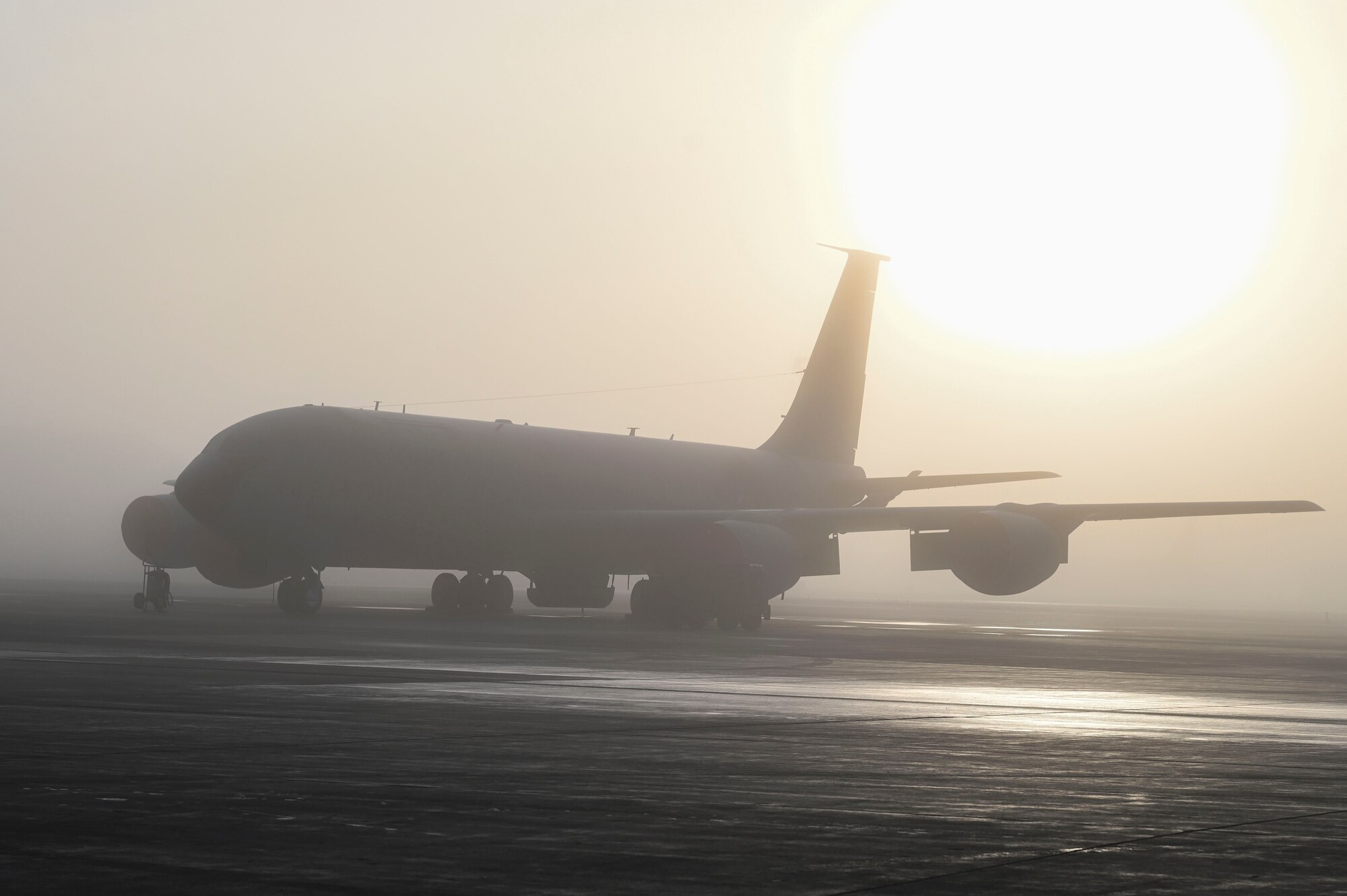 A KC-135 Stratotanker is staged on the flight line