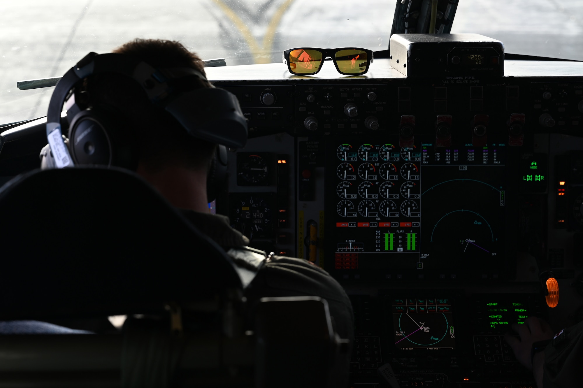 An Airman goes through pre flight checklist on a KC-135 Stratotanker