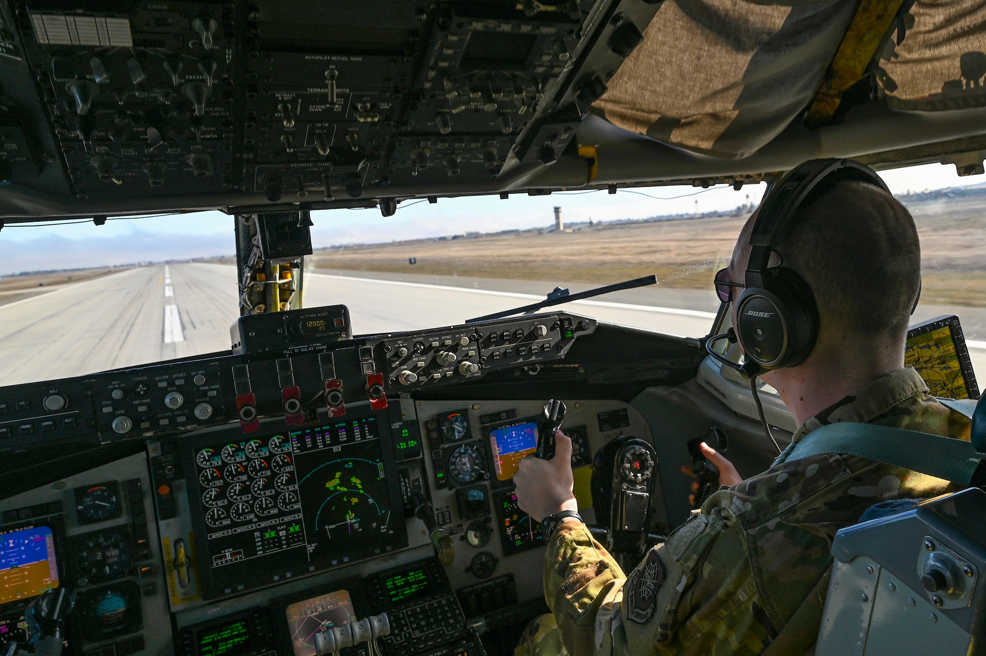 An Airman pilots a KC-135 Stratotanker