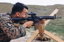U.S. Marine Corps Sgt. Ceaser Verdin, a drill instructor with Support Training Battalion, Marine Corps Recruit Depot San Diego and a member of the Edson Range shooting team, engages ‘unknown distance’ targets during a long-bay rifle stage at the Marine Corps Marksmanship Competition West at Marine Corps Base Camp Pendleton, California, Feb. 23, 2024. Verdin is a native of Pomona, California. The MCMC West was held in conjunction with several other competitions around the Marine Corps to find the top 10 percent of shooters who will go on to compete in the national tournament in Quantico, Virginia for a place on the Marine Corps Shooting Team. (U.S. Marine Corps photo by Cpl. Alexander O. Devereux)