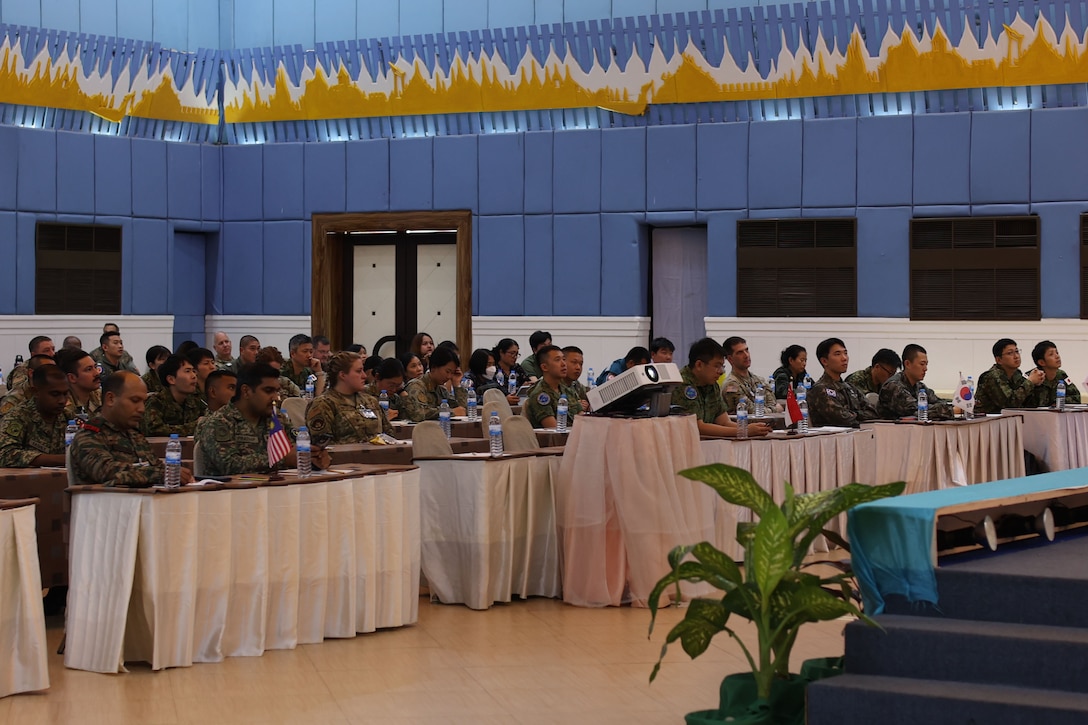 Service members from nine participating nations attend the humanitarian assistance disaster relief (HADR) table-top exercise during Cobra Gold 24 in Chonburi Province, Kingdom of Thailand, Feb. 20, 2024.