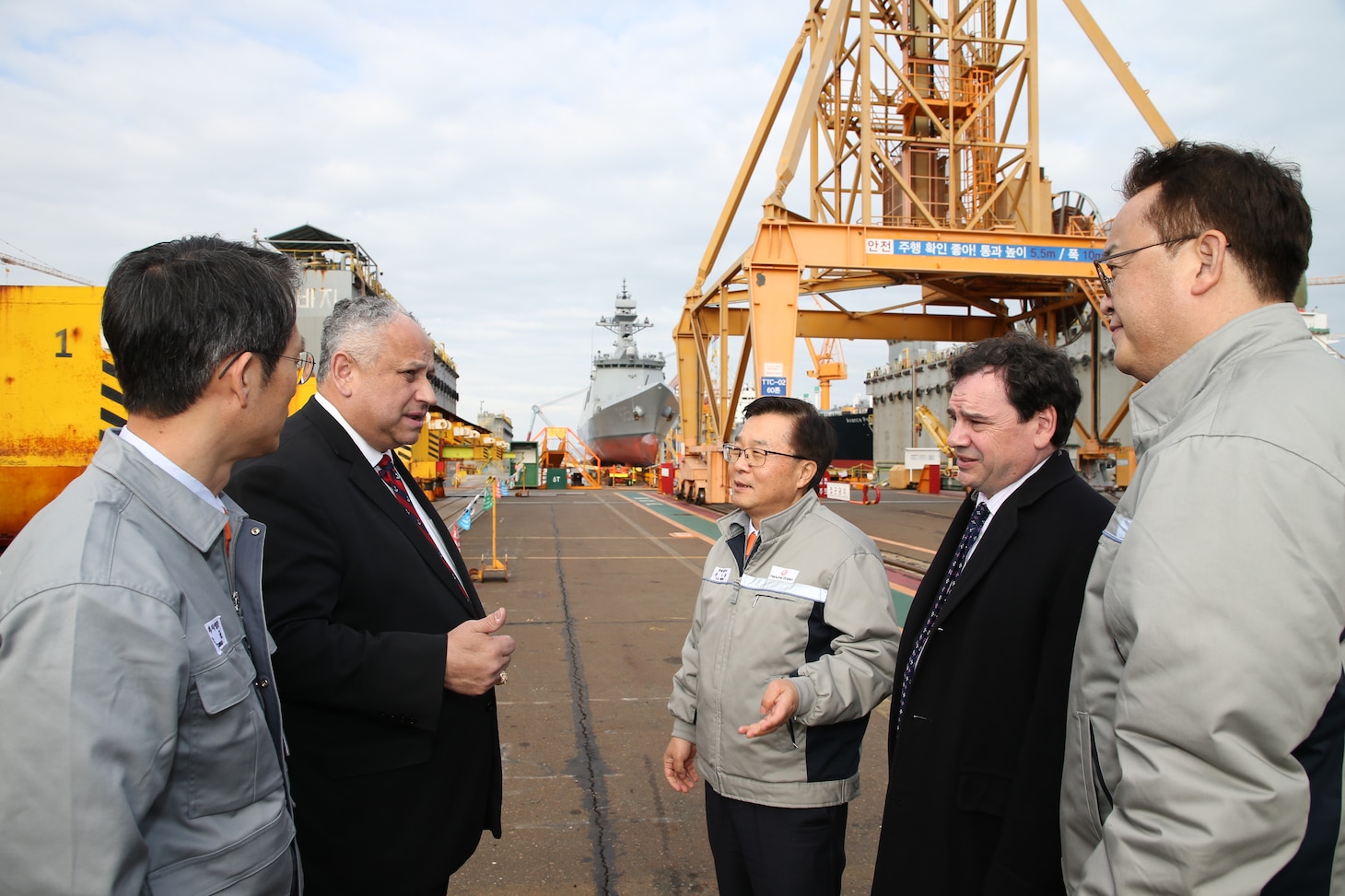 GEOJE, Republic of Korea (Feb. 28, 2024) -- Secretary of the Navy Carlos Del Toro visits Hanwha Ocean shipyard in Geoje, Republic of Korea, Feb. 27, 2024. Secretary Del Toro traveled to the Indo-Pacific to meet with allies and partners to further maritime cooperation, explore opportunities to collaborate with the Republic of Korea and Japan on commercial and Naval shipbuilding, and engage with Sailors, Marines, and Department of the Navy civilians forward deployed to the region. (Hanwha Ocean photo/released)