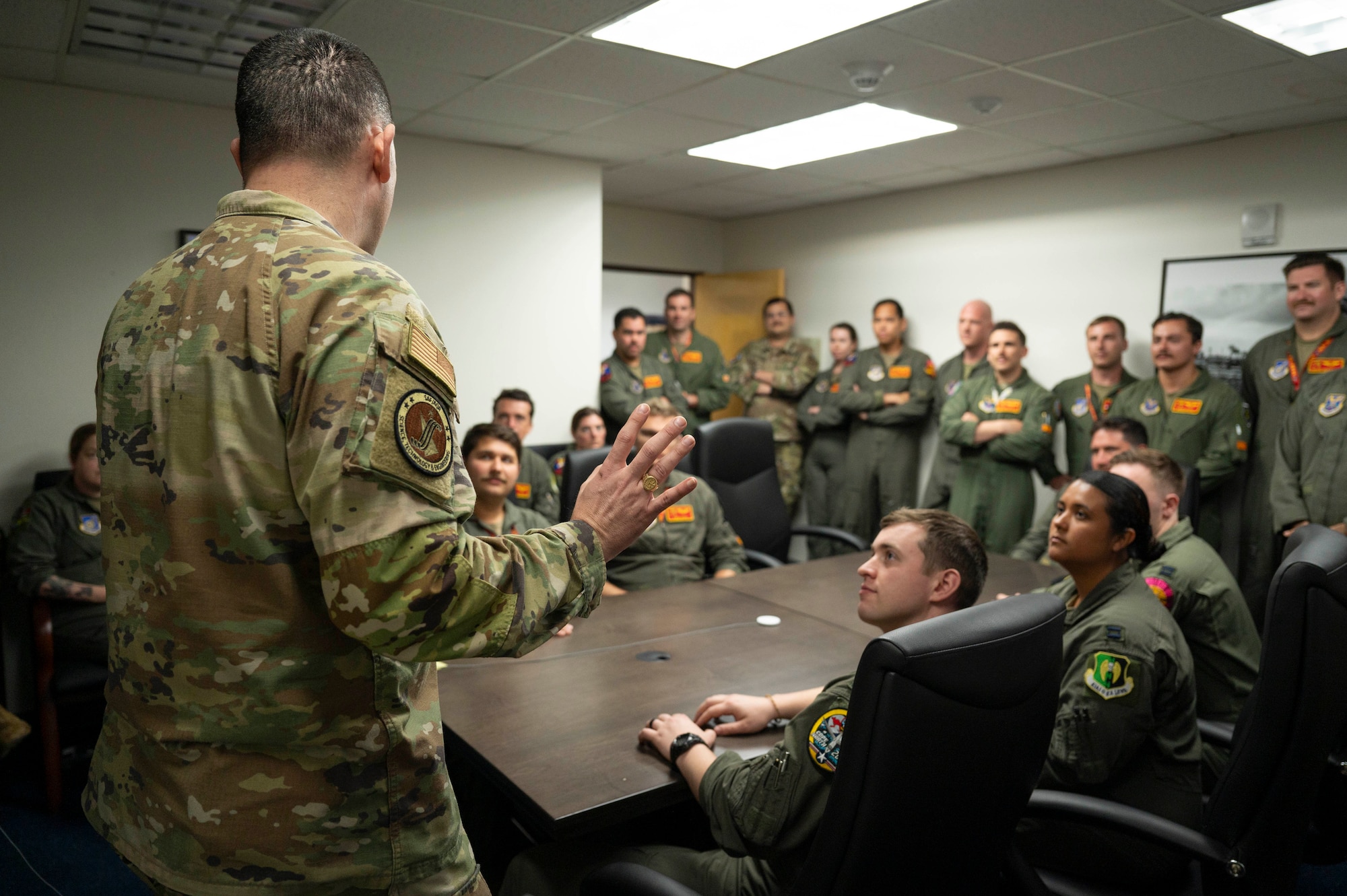 B-52 Stratofortress crews from the 23rd Expeditionary Bomb Squadron, Minot Air Force Base, North Dakota and the 49th Test and Evaluation Squadron, Barksdale Air Force Base, Louisiana, participated in hypersonic weapon familiarization training at Andersen Air Force Base, Guam, Feb. 27, 2024. The participating crews received expert academics and training on hypersonic fundamentals and participated in tactical discussion on hypersonic operations to increase operational readiness and prepare multiple Air Force aircraft communities for hypersonics including the Hypersonic Attack Cruise Missile, Air-launched Rapid Response Weapon, and other programs under development. (U.S. Air Force photo by Airman 1st Class Spencer Perkins)