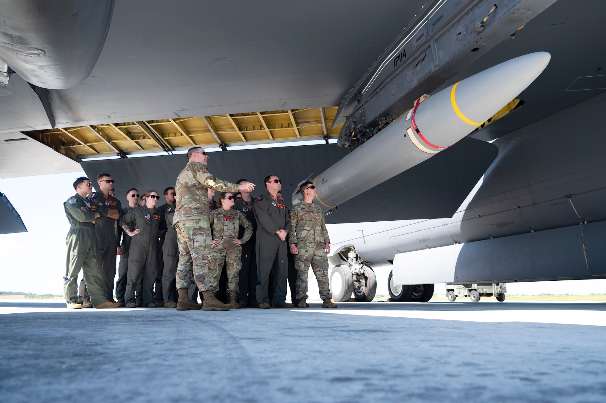 B-52 Stratofortress crews from the 23rd Expeditionary Bomb Squadron, Minot Air Force Base, North Dakota and the 49th Test and Evaluation Squadron, Barksdale Air Force Base, Louisiana, participated in hypersonic weapon familiarization training at Andersen Air Force Base, Guam, Feb. 27, 2024. The Department of Defense is developing hypersonic science and technology to ensure the U.S. can rapidly transition operational hypersonic systems. (U.S. Air Force photo by Staff Sgt. Pedro Tenorio)