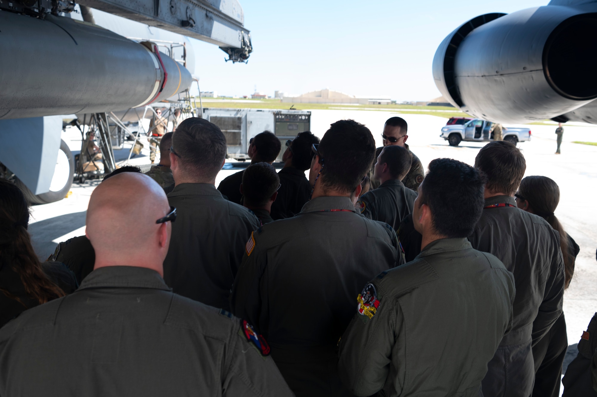 B-52 Stratofortress crews from the 23rd Expeditionary Bomb Squadron, Minot Air Force Base, North Dakota and the 49th Test and Evaluation Squadron, Barksdale Air Force Base, Louisiana, participated in hypersonic weapon familiarization training at Andersen Air Force Base, Guam, Feb. 27, 2024. The Department of Defense is developing hypersonic science and technology to ensure the U.S. can rapidly transition operational hypersonic systems. (U.S. Air Force photo by Staff Sgt. Pedro Tenorio)