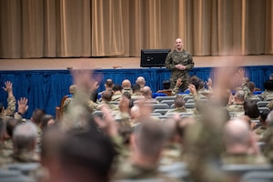 Senior Enlisted Advisor to the Chairman of the Joint Chiefs of Staff U.S. Marine Corps Sgt. Maj. Troy E. Black speaks at the Polifka Auditorium on Maxwell Air Force Base, Ala., Feb. 21, 2024. Black spoke at the Chief Master Sergeant Orientation Course about E-9 roles and responsibilities, the joint force, and future warfighting. (U.S. Air Force photo by Tech. Sgt. Brycen Guerrero)