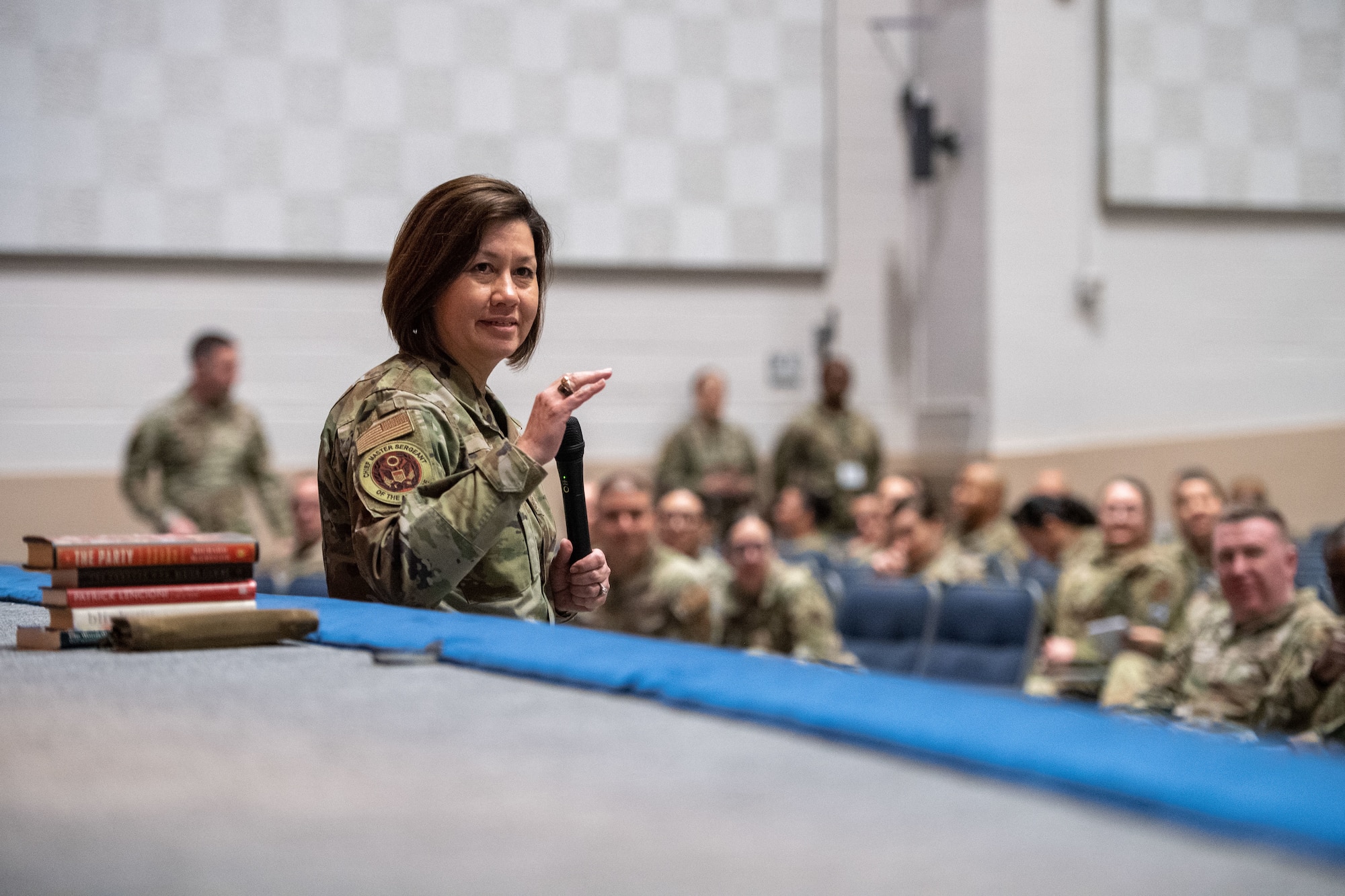 Chief Master Sgt. of the Air Force JoAnne S. Bass speaks at the Chief Master Sergeant Orientation in the Polifka Auditorium on Maxwell Air Force Base, Ala., Feb 21, 2024. (U.S. Air Force photo by Tech. Sgt. Brycen Guerrero)