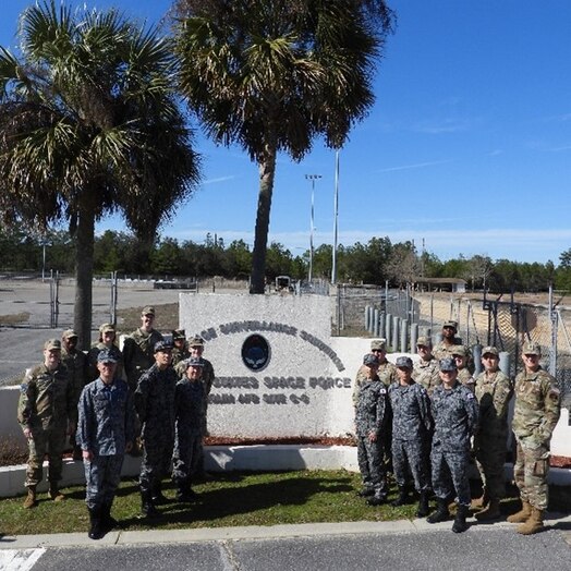  Operators from the Japanese Air Self-Defense Force, Space Operations Group, 1st Space Operations Squadron, and U.S. Space Force’s Space Delta 2 – Space Domain Awareness and Space Battle Management’s 20th Space Surveillance Squadron pose in front of 20 SPSS’s gate at Eglin Air Force Base, Florida, Jan. 29, 2024. Eglin AFB served as the first stop of a two-part visit for 1 SOPS operators and included an unclassified mission brief for the Delta’s AN/FPS-85 Phased Array Radar and observed a demonstration of the radar simulator. (U.S. Space Force Photo by 1st Lt Thomas Haskell)