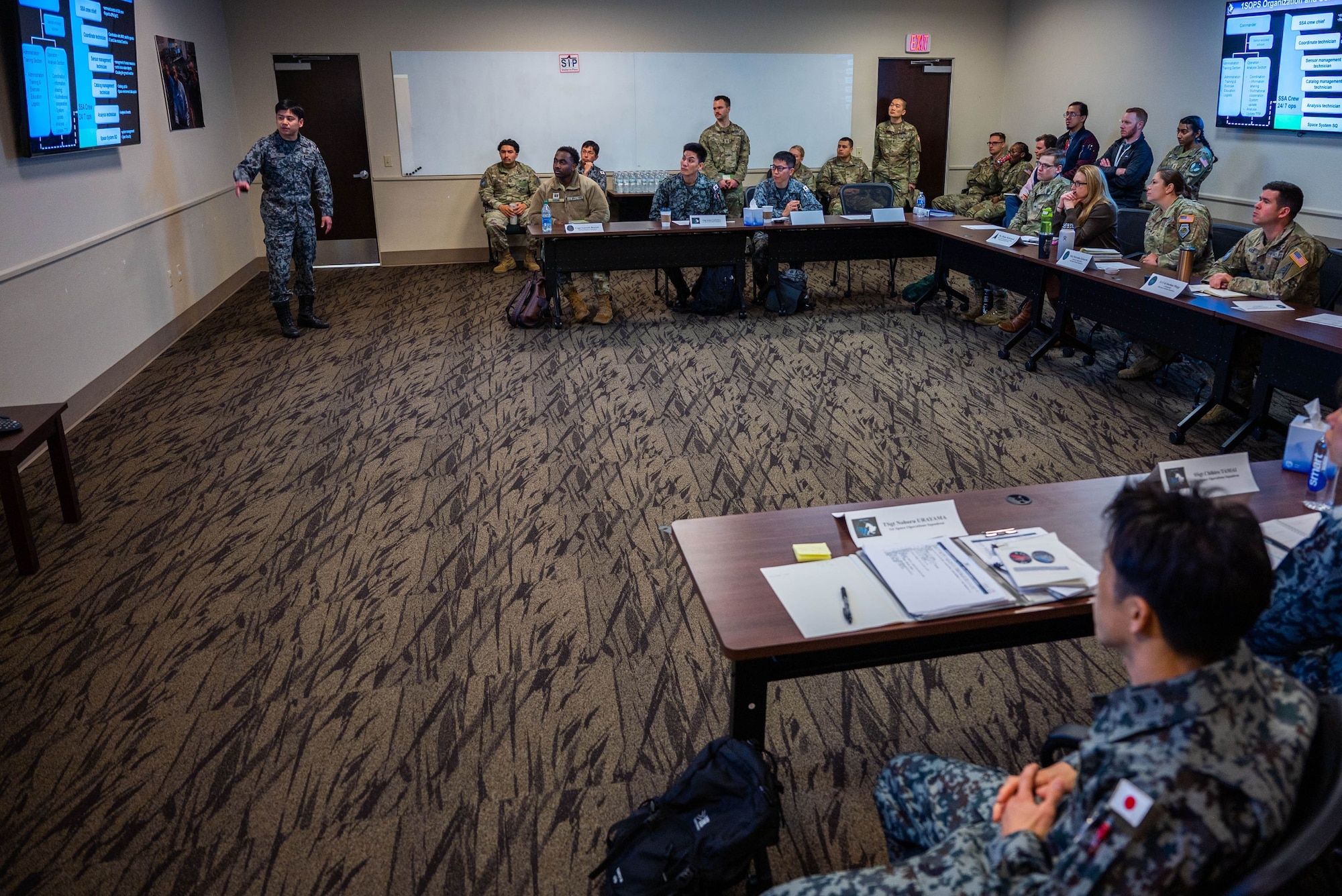Japanese Air Self-Defense Force Capt. Yoshiki Iino, Space Operations Group, 1st Space Operations Squadron, provides a mission brief to members of Space Delta 2 – Space Domain Awareness and Space Battle Management’s 18th Space Defense Squadron at Vandenberg Space Force Base, California, Feb. 1, 2024. During the two-part visit, 1 SOPS operators traveled to Eglin Air Force Base and Vandenberg SFB to continue talks on space situational awareness data sharing and familiarization. (U.S. Space Force photo by Tech Sgt. Luke Kitterman)