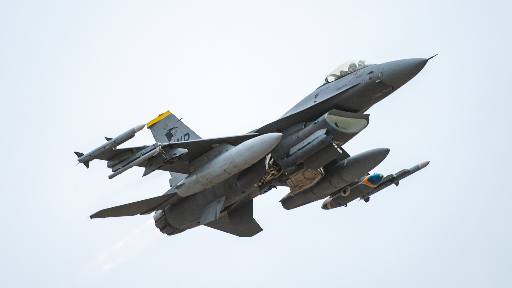 A U.S. Air Force F-16 Fighting Falcon assigned to the 8th Fighter Wing takes off.