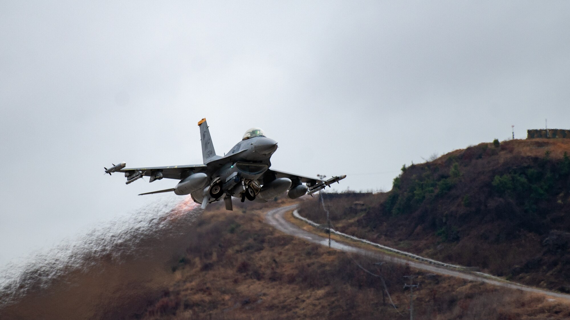 A U.S. Air Force F-16 Fighting Falcon assigned to the 8th Fighter Wing takes off.