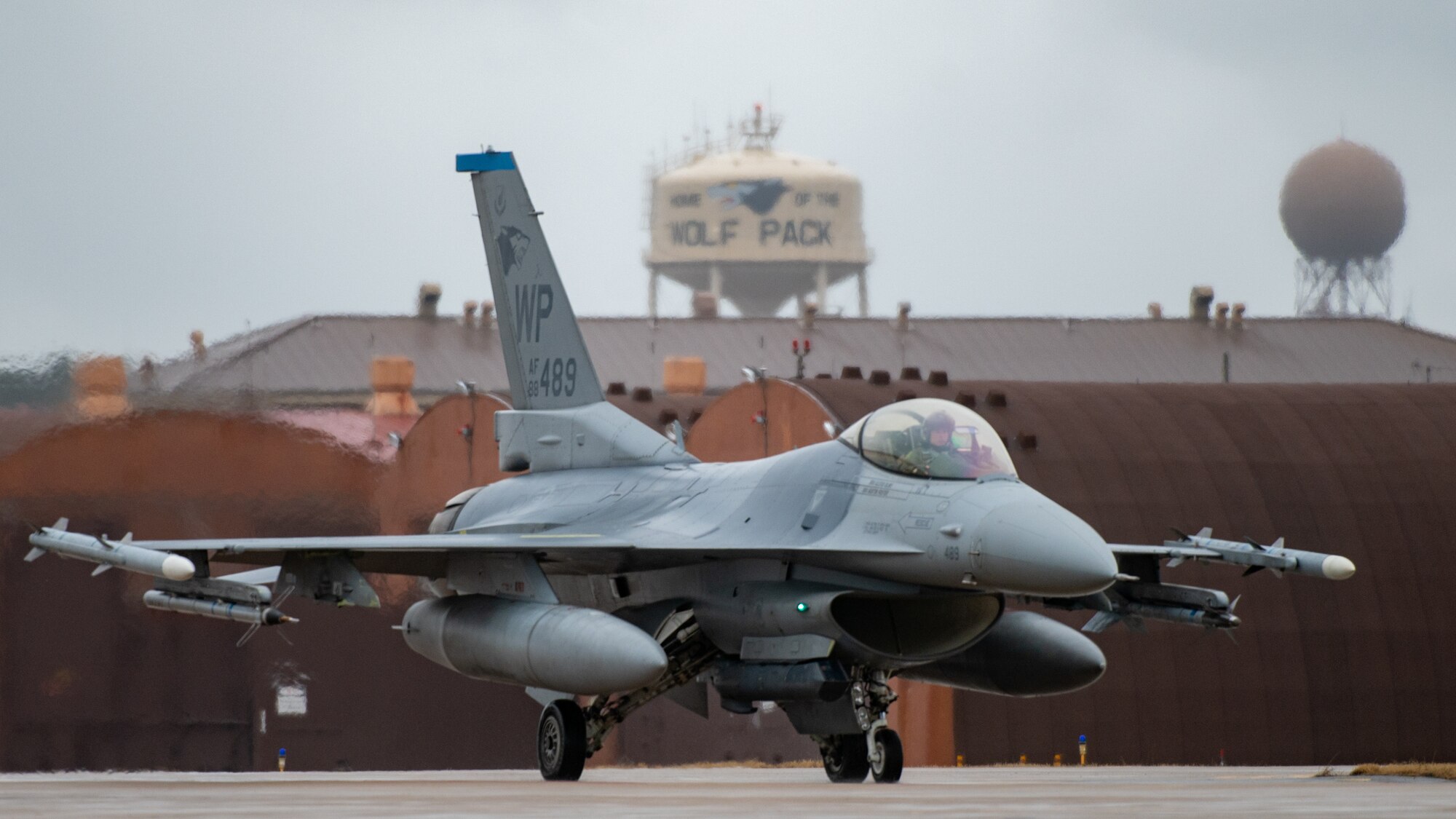 A U.S. Air Force F-16 Fighting Falcon assigned to the 8th Fighter Wing taxies before take off.