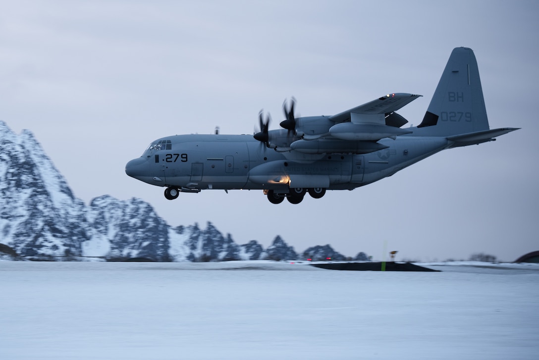 A U.S. Marine Corps KC-130J Super Hercules aircraft, assigned to Marine Aerial Refueler Transport Squadron (VMGR) 252, 2nd Marine Aircraft Wing, prepares to land in preparation for Exercise Nordic Response 24 at Andenes, Norway, Feb. 25, 2024. Exercise Nordic Response, formerly known as Cold Response, is a NATO training event conducted every two years to promote military competency in arctic environments and to foster interoperability between the U.S. Marine Corps and allied nations. (U.S. Marine Corps photo by 2nd Lt. Duncan Stoner)