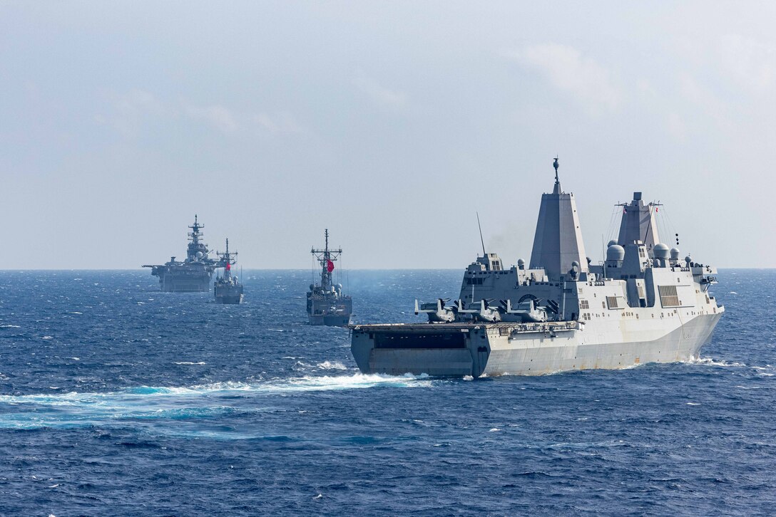 U.S. Navy Wasp-class amphibious assault ship USS Bataan (LHD 5), front, Turkish frigates TCG Gelibolu (F-493) and TCG Goksu (F-497), center, and San Antonio-class amphibious transport dock ship USS Mesa Verde (LPD 19), back, transit in formation in the Mediterranean Sea, Feb. 26, 2024. The Bataan Amphibious Ready Group transferred to NATO command in the Eastern Mediterranean in order to conduct a series of short notice vigilance activities with elements of Allied Maritime Command’s Standing NATO Maritime Group 2 and the Turkish navy. (U.S. Marine Corps photo by Cpl. Rafael Brambila-Pelayo)