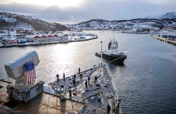 USS Gunston Hall (LSD 44) departs Harstad, Norway.