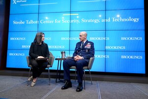 : U.S. Air Force Chief of Staff Gen. David Allvin speaks to audience members at The Brookings Institution, Washington, D.C., Feb. 28, 2024. Allvin participated in a conversation with the Strobe Talbott Center for Security, Strategy, and Technology at Brookings on the Air Force’s plans for reoptimization in an era of great power competition. (Courtesy photo / Ralph Alswang)