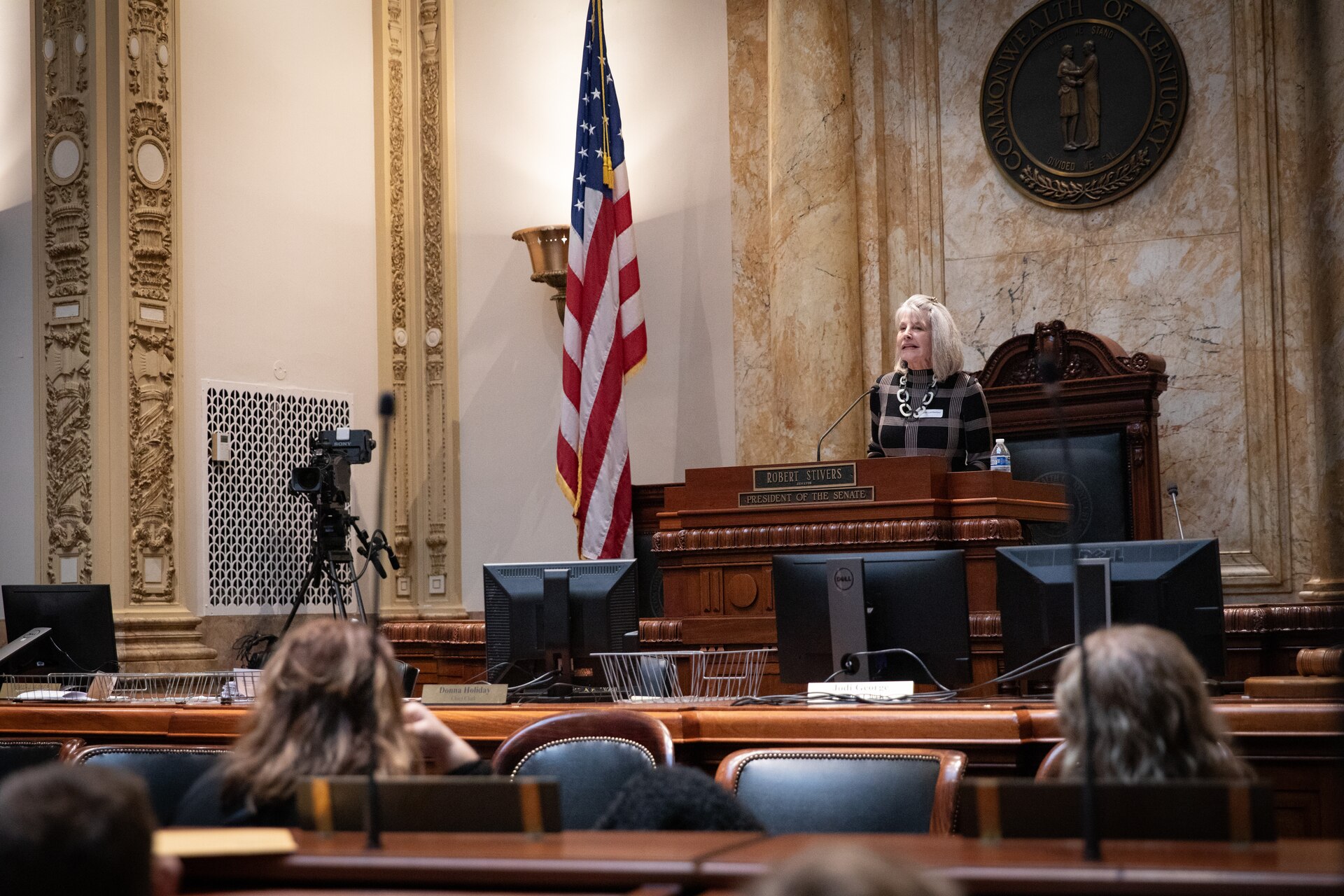 Mrs. Karen Lamberton, wife of Maj. Gen. Haldane B. Lamberton, the adjutant general of Kentucky, spoke to the families of military service members at the Kentucky Military Kids Day at the State Capitol and Capitol Annex in Frankfort, Kentucky on Feb. 27, 2024. Children of servicemembers from almost all branches were first introduced to the House Committee for Veterans, Military, and Public Protection (VMAPP).  They also participated in demonstrations from the Aviation Museum of Kentucky, scavenger hunts in the Capitol, and ended with serving as a page to their senator or representative from their home counties in a legislative session.  (Kentucky National Guard photos by Andy Dickson)