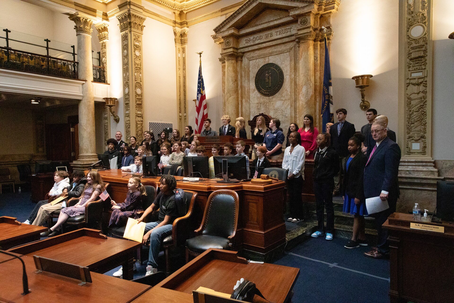 Approximately 80 children of Kentucky military service members were recognized by the Kentucky General Assembly for Kentucky Military Kids Day at the State Capitol and Capitol Annex in Frankfort, Kentucky on Feb. 27, 2024. Children of servicemembers from almost all branches were first introduced to the House Committee for Veterans, Military, and Public Protection (VMAPP).  They also participated in demonstrations from the Aviation Museum of Kentucky, scavenger hunts in the Capitol, and ended with serving as a page to their senator or representative from their home counties in a legislative session.  (Kentucky National Guard photos by Andy Dickson)