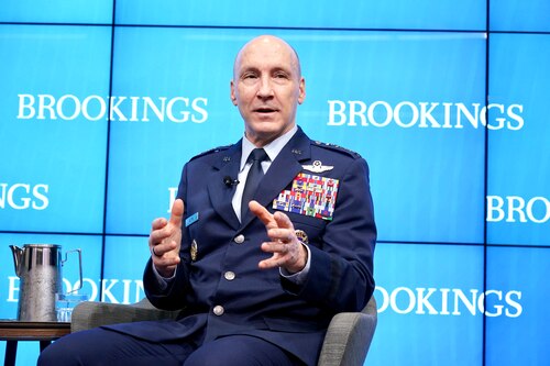 : U.S. Air Force Chief of Staff Gen. David Allvin speaks to audience members at The Brookings Institution, Washington, D.C., Feb. 28, 2024. Allvin participated in a conversation with the Strobe Talbott Center for Security, Strategy, and Technology at Brookings on the Air Force’s plans for reoptimization in an era of great power competition. (Courtesy photo / Ralph Alswang)