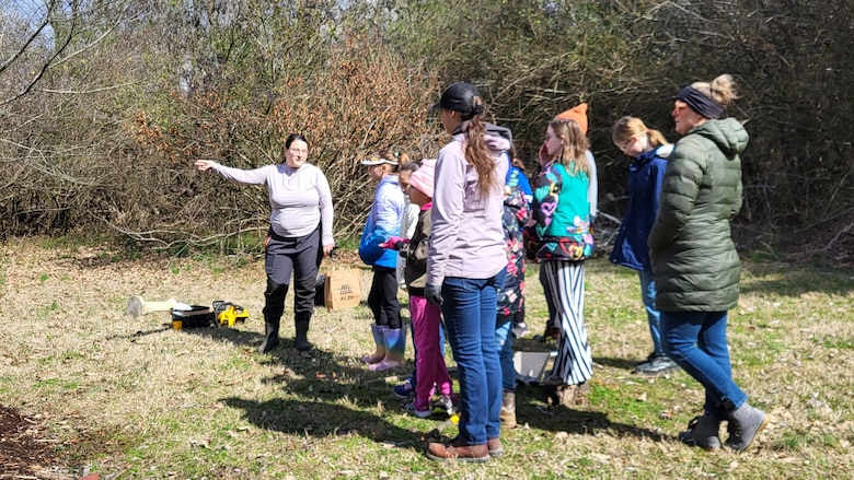 Community volunteers and Girl Scouts with Troop 296 work to spruce up the Environmental Study Area on the shoreline of Old Hickory Lake Feb. 22, 2024. (USACE Photo by Chee Hill)