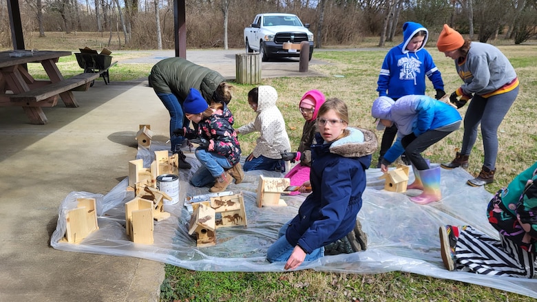 Girl Scouts with Troop 296 build bird houses Feb. 22, 2024, before installing them throughout the Environmental Study Area on the shoreline of Old Hickory Lake. (USACE Photo by Chee Hill)