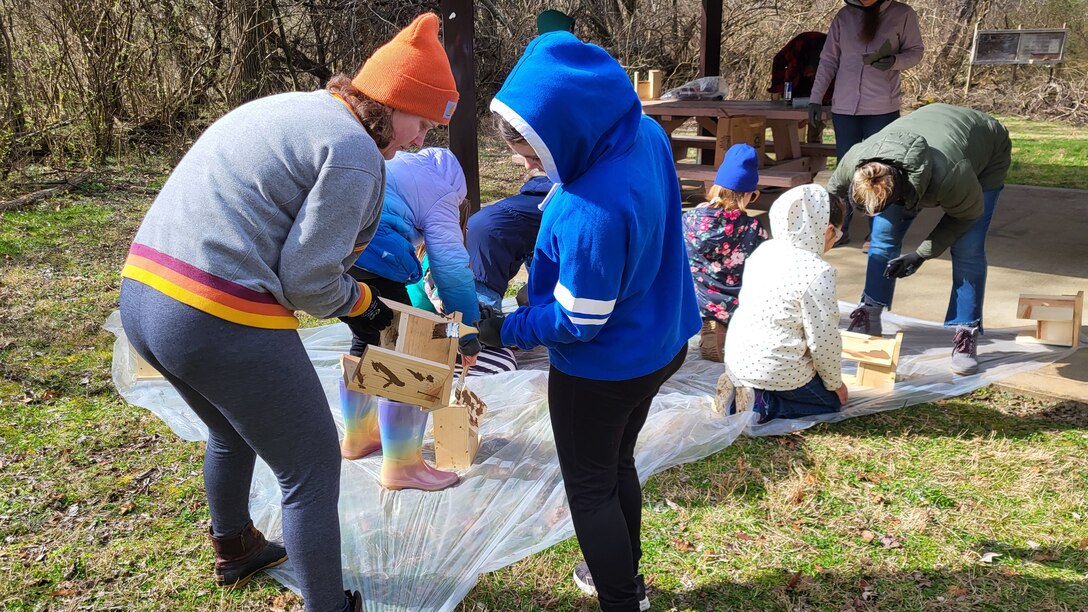Girl Scouts with Troop 296 build bird houses Feb. 22, 2024, before installing them throughout the Environmental Study Area on the shoreline of Old Hickory Lake. (USACE Photo by Chee Hill)