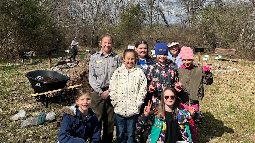 Girl Scouts with Troop 296 pose Feb. 22, 2024, while volunteering at the Environmental Study Area on the shoreline of Old Hickory Lake. (Photo by Carrie Darling)