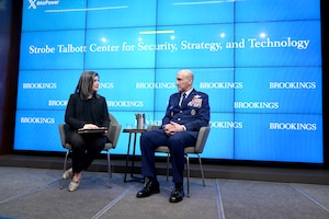 U.S. Air Force Chief of Staff Gen. David Allvin speaks with Melanie W. Sisson, Strobe Talbott Center for Security, Strategy, and Technology, Foreign Policy, Brookings, at The Brookings Institution, Washington, D.C., Feb. 28, 2024. Allvin discussed the Air Force’s plans for reoptimization in an era of great power competition. (Courtesy photo/ Ralph Alswang)