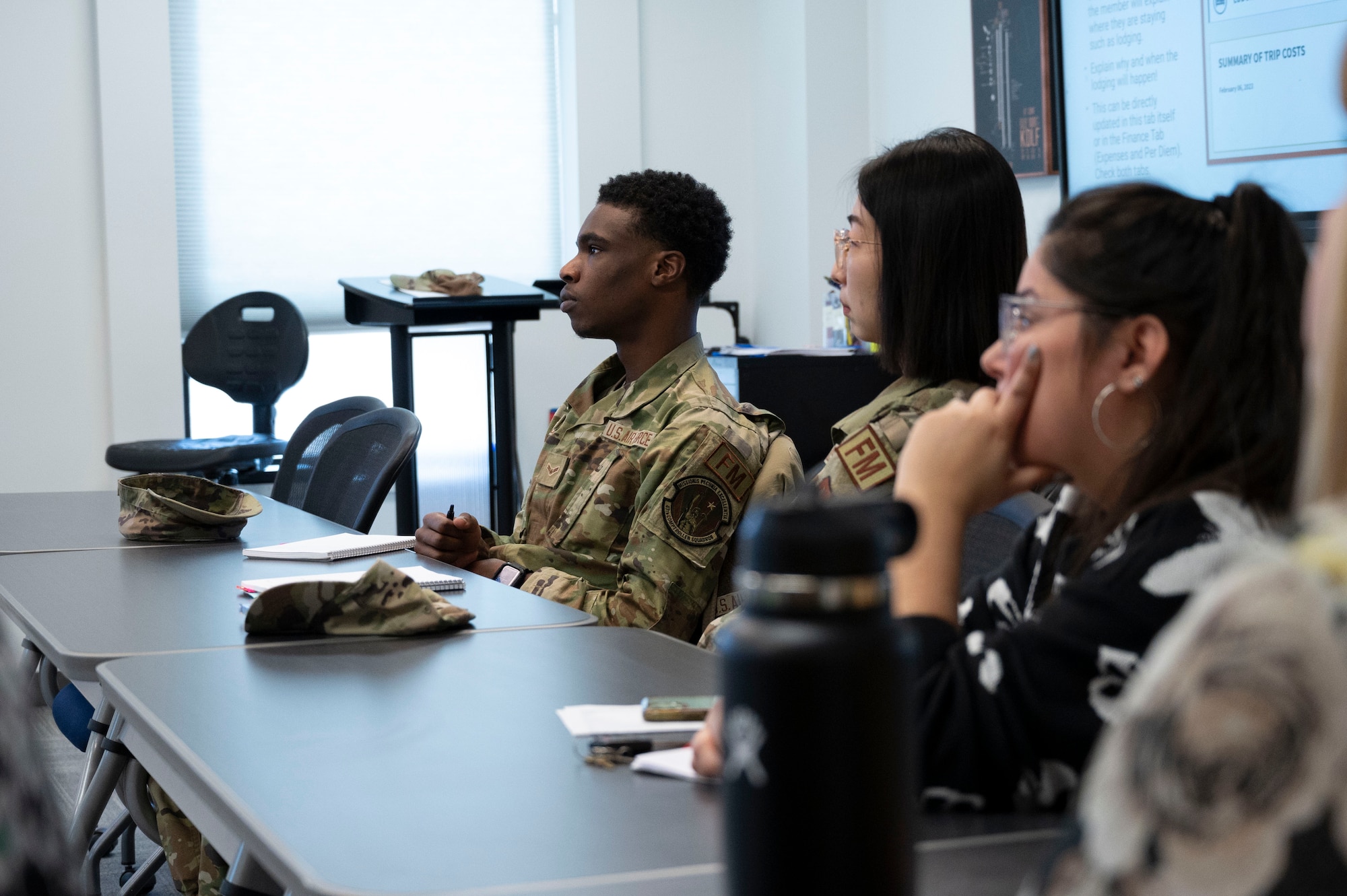 U.S. Air Force service members and civilian employees attend a dedicated Defense Travel System (DTS) training session hosted by Senior Airman Davis Kingston, 47th Comptroller Squadron financial management technician, at Laughlin Air Force Base, Texas, Feb. 8, 2024. The DTS training, available to all on-base personnel , is focused on efficient procedures and helpful tips when creating a travel voucher. (U.S. Air Force photo by Senior Airman Kailee Reynolds)