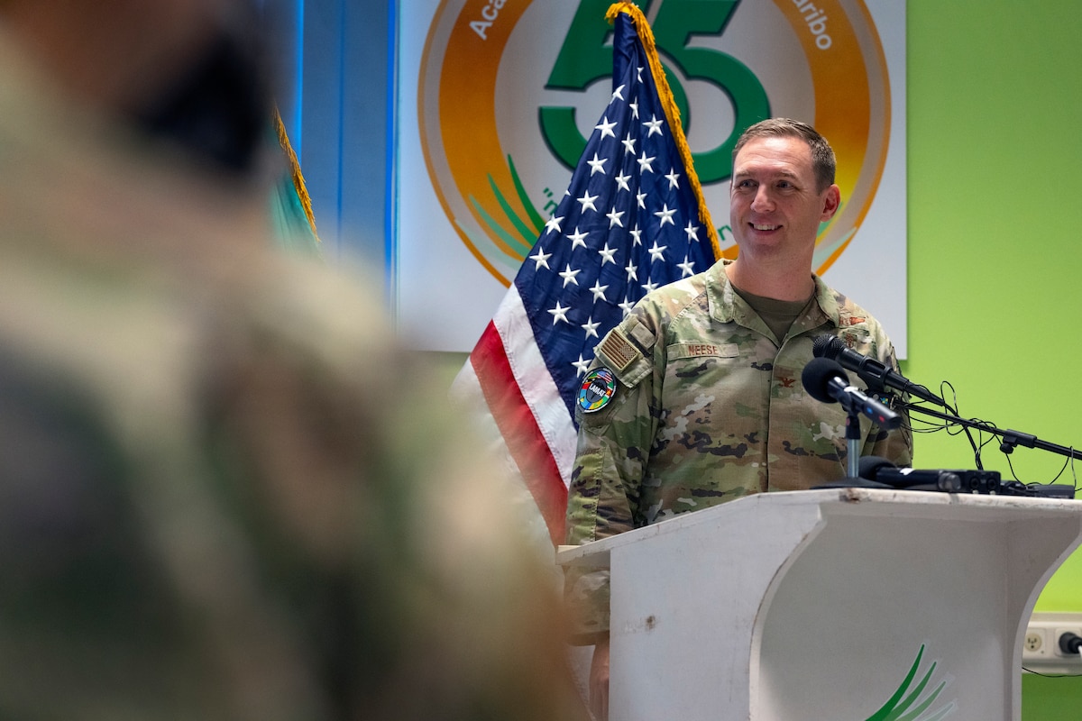 U.S. Air Force Col. Brian Neese, surgeon general for 12th Air Force (Air Forces Southern), gives remarks during a closing ceremony for the Lesser Antilles Medical Assistance Team mission at the Academic Hospital in Suriname, Feb. 28, 2024. The nearly two-week U.S. Southern Command backed operation helped approximately 1,500 patients and brought 159 hours of education and discussions through teaching seminars. (U.S. Air Force photo by Tech. Sgt. Rachel Maxwell)