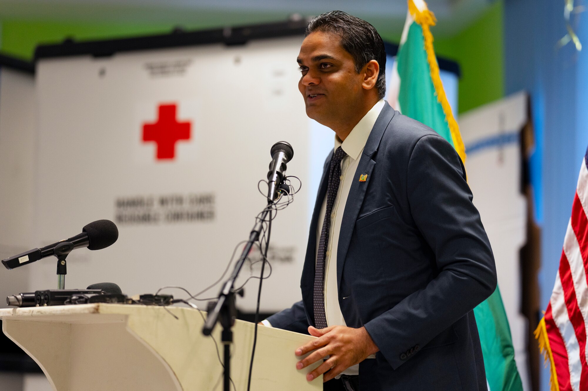 Dr. Amar Ramadhin, Suriname minister of health gives remarks during a closing ceremony for the Lesser Antilles Medical Assistance Team mission at the Academic Hospital in Suriname, Feb. 28, 2024. The nearly two-week U.S. Southern Command backed operation helped approximately 1,500 patients and brought 159 hours of education and discussions through teaching seminars. (U.S. Air Force photo by Tech. Sgt. Rachel Maxwell)