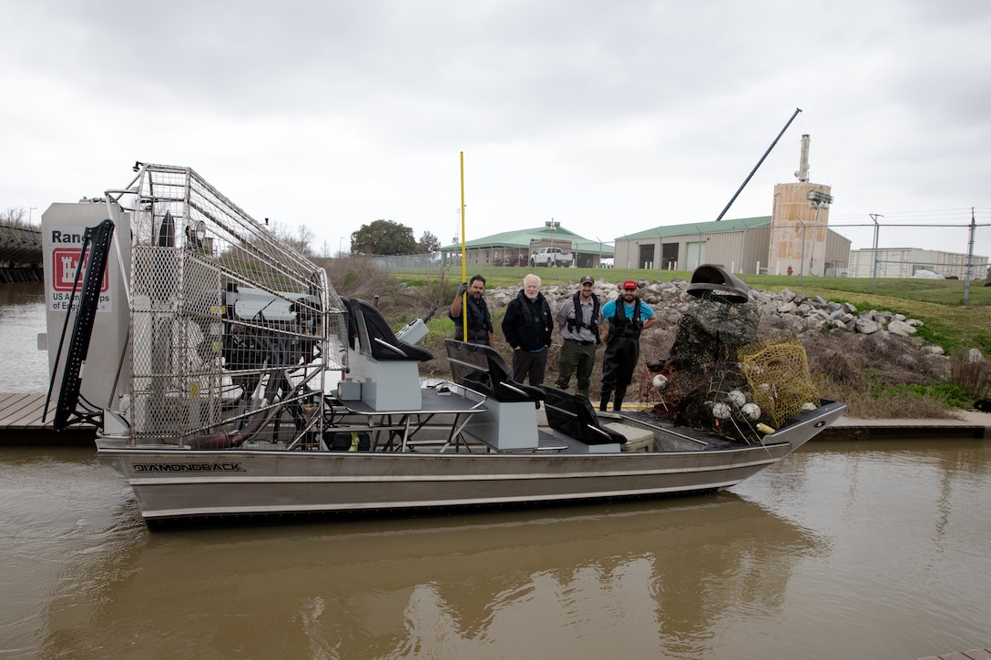 Each year, the Texas Parks and Wildlife Division (TPWD) closes crab fishing with wire mesh crab traps for ten days to give volunteers the opportunity to round up lost and abandoned traps. The closure is traditionally in late February or early March. Unattended traps “ghost fish” and kill blue crabs and other species unnecessarily and can also create a navigation hazard for boaters.
According to a press release from TPWD, since the “Crab Trap Roundup” began 22 years ago, volunteers have removed 42,500 derelict traps, saving an estimated 700,000 blue crabs, a valuable natural resource.
Each year at the Wallisville Lake Project, U.S. Army Corps of Engineers (USACE), Galveston District (SWG) personnel join the Crab Trap Roundup, while they patrol.