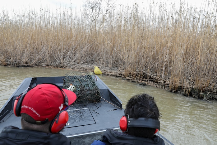 Each year, the Texas Parks and Wildlife Division (TPWD) closes crab fishing with wire mesh crab traps for ten days to give volunteers the opportunity to round up lost and abandoned traps. The closure is traditionally in late February or early March. Unattended traps “ghost fish” and kill blue crabs and other species unnecessarily and can also create a navigation hazard for boaters.
According to a press release from TPWD, since the “Crab Trap Roundup” began 22 years ago, volunteers have removed 42,500 derelict traps, saving an estimated 700,000 blue crabs, a valuable natural resource.
Each year at the Wallisville Lake Project, U.S. Army Corps of Engineers (USACE), Galveston District (SWG) personnel join the Crab Trap Roundup, while they patrol.