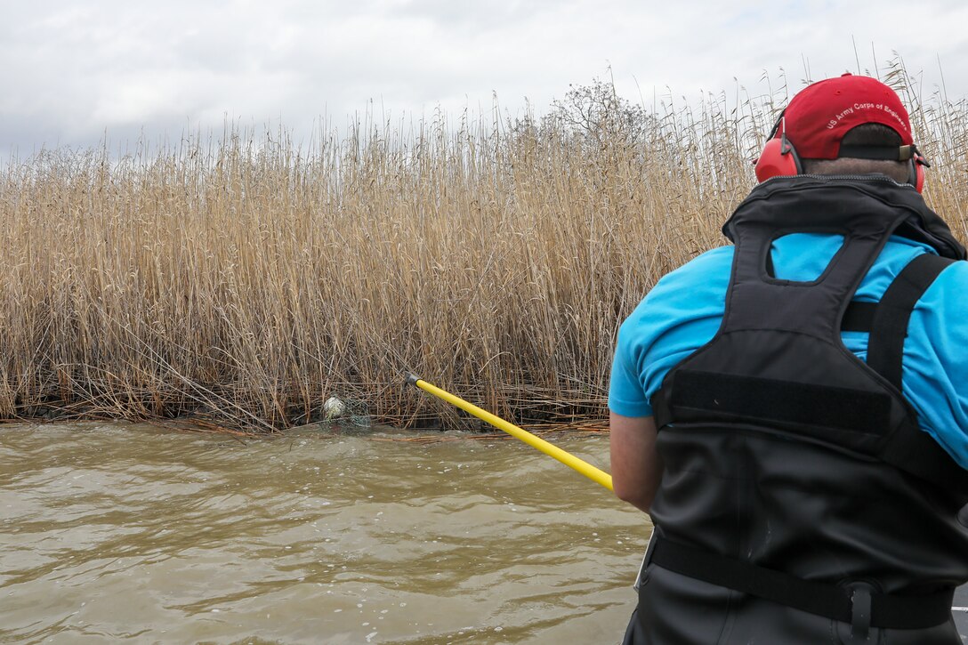 Each year, the Texas Parks and Wildlife Division (TPWD) closes crab fishing with wire mesh crab traps for ten days to give volunteers the opportunity to round up lost and abandoned traps. The closure is traditionally in late February or early March. Unattended traps “ghost fish” and kill blue crabs and other species unnecessarily and can also create a navigation hazard for boaters.
According to a press release from TPWD, since the “Crab Trap Roundup” began 22 years ago, volunteers have removed 42,500 derelict traps, saving an estimated 700,000 blue crabs, a valuable natural resource.
Each year at the Wallisville Lake Project, U.S. Army Corps of Engineers (USACE), Galveston District (SWG) personnel join the Crab Trap Roundup, while they patrol.