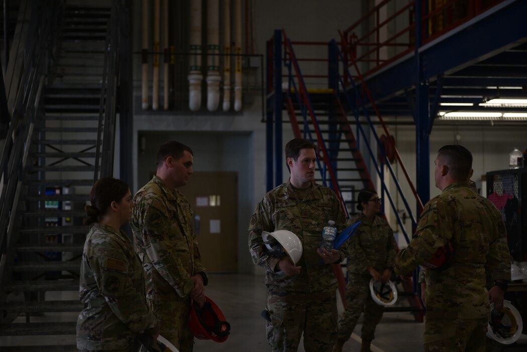 U.S. Air Force Chief Master Sgt. Alex J. Eudy, Senior Non-Commissioned Officer Academy commandant tours the Louis F. Garland Department of Defense Fire Academy with Airmen assigned to the 312th Training Squadron to gain insight on the training structure for students at Goodfellow Air Force Base, Texas, Feb. 22, 2024. The student population is composed of members from all DoD components as well as international students from allied nations. (U.S. Air Force photo by 2nd Lt. Kayunna Holt)