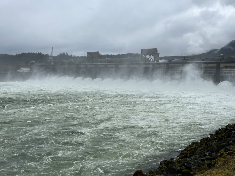 A dam spills water over its spillways, creating churning water and mist with the river in the foreground.