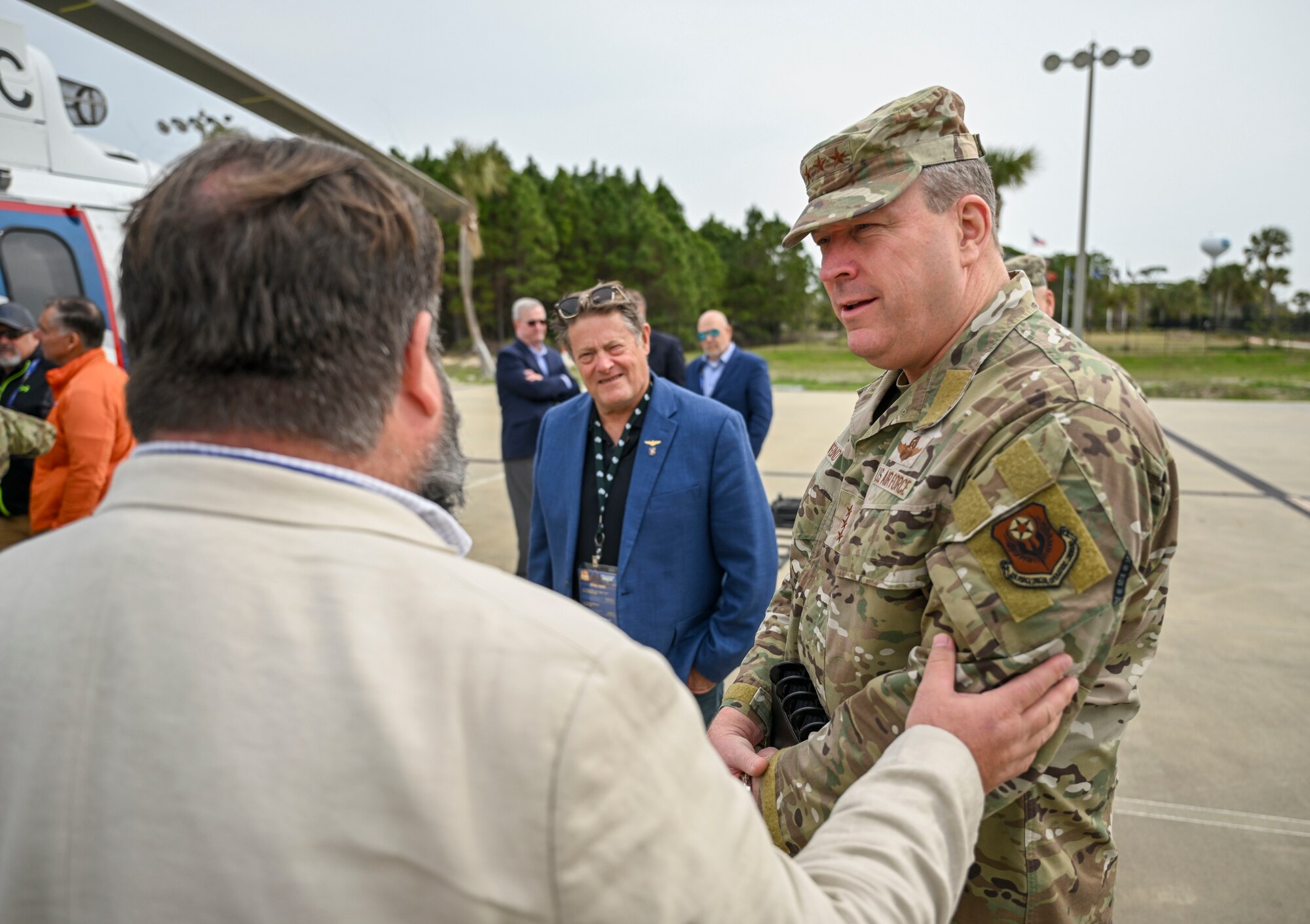 U.S. Air Force Lt. Gen. Tony Bauernfeind, commander of Air Force Special Operations Command, speaks with SOF industry partners participating in the 2024 Special Air Warfare Symposium expo at Fort Walton Beach, Fla., Feb. 28, 2024. AFSOC co-sponsored SAWS with the Global SOF Foundation to further partnerships and relationships in a collaborative setting. (U.S. Air Force photo by Staff Sgt. Caleb Pavao)