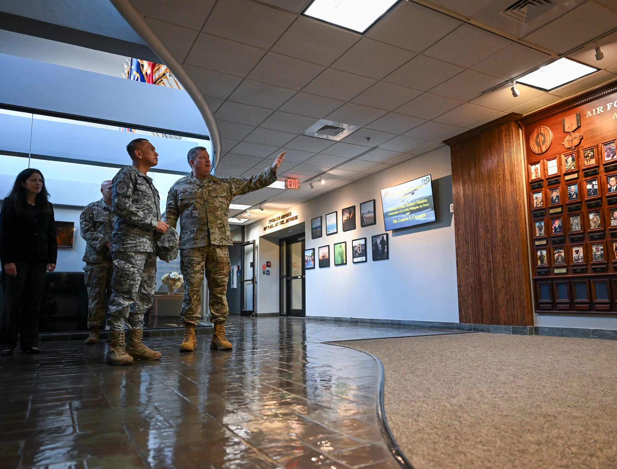 U.S. Air Force Lt. Gen. Tony Bauernfeind, commander of Air Force Special Operations Command, leads Philippine Maj. Gen. Araus Robert F. Musico, commander, Air Combat Command of the Philippine Air Force, through a tour of the AFSOC Headquarters at Hurlburt Field, Florida, Feb. 26, 2024.