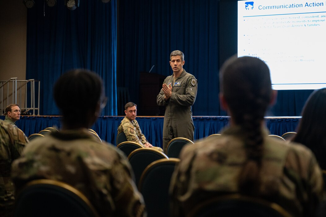 U.S. Air Force Col. William McKibban, 51st Fighter Wing commander, briefs the new 51st FW Communication Action Plan during a town hall at Osan Air Base, Republic of Korea, Feb. 15, 2024. The Communication Action Plan is designed to enhance the flow of information and support for Airmen and their families at Osan AB. (U.S. Air Force photo by Staff Sgt. Thomas Sjoberg)