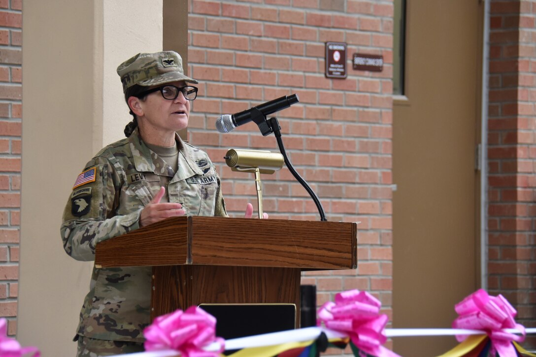 Col. Heather Levy, U.S. Army Corps of Engineers – Far East District commander, delivers remarks at the ribbon cutting ceremony for a new housing tower on Camp Walker, South Korea.