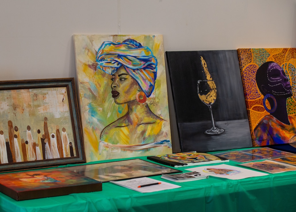 Art is displayed at the Black History Month event at Joint Base Andrews.