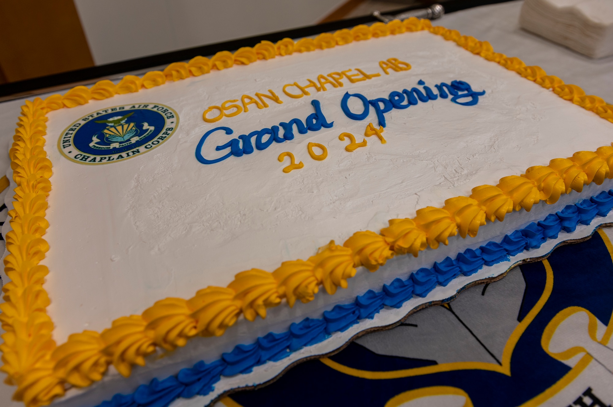 The Osan Air Base Chapel officially opened during their grand opening ceremony at Osan AB, Republic of Korea, Feb. 29, 2024. The new chapel commits to maintaining its service to Airmen for the next 50 years, demonstrating an investment in Osan today for the Airmen of tomorrow. Throughout its history, the Air Force Chaplain Corps has remained a steadfast source of spiritual guidance and support for Air Force personnel, embodying values of service, compassion, and resilience. (U.S. Air Force photo by Senior Airman Kaitlin Castillo)