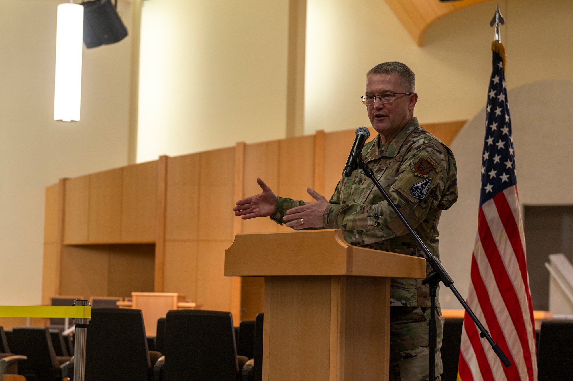 U.S. Air Force Maj. Gen. Randall Kitchens, Department of the Air Force chief of chaplains, gives a speech during the Osan Air Base Chapel Grand Opening Ceremony at Osan AB, Republic of Korea, Feb. 29, 2024.  Over 100 personnel have been involved in programming, planning, designing, citing, negotiating and executing the construction of the new chapel. The new facility commits to maintaining its service to Airmen for the next 50 years, demonstrating an investment in Osan today for the Airmen of tomorrow. (U.S. Air Force photo by Senior Airman Kaitlin Castillo)