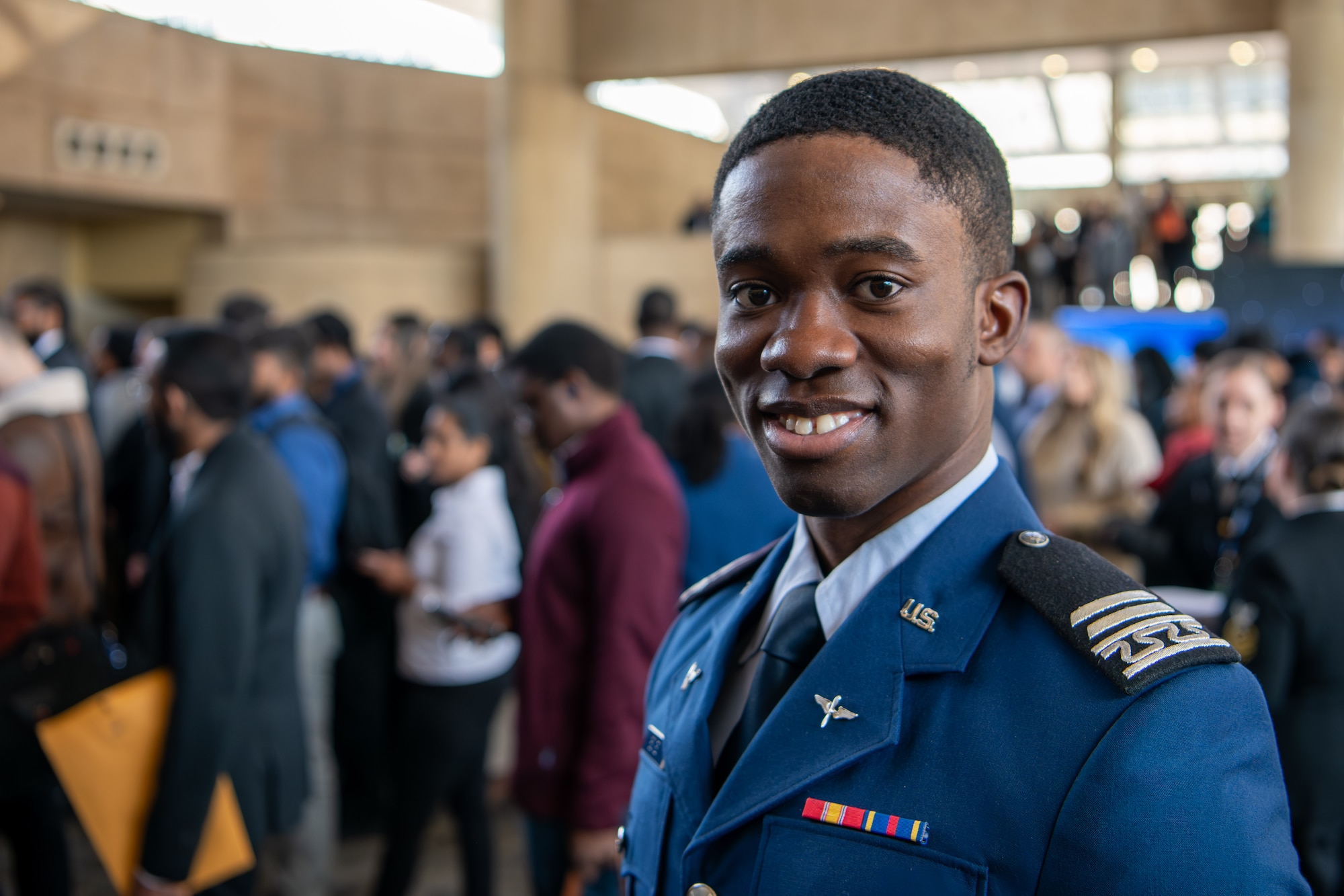 U.S. Air Force Academy Cadet Jabari Bowen prepares to register for the 2024 Black Engineer of the Year Awards, Science, Technology, Engineering and Mathematics Conference, Baltimore, Md., Feb. 15-17, 2024. Bowen is the recipient of the STEM Student Leadership – Undergraduate Level Award; the prestigious honor celebrates Bowen's outstanding contributions to leadership, academics and service within the STEM fields. (U.S. Air Force photo by Capt. Shane Ellis)