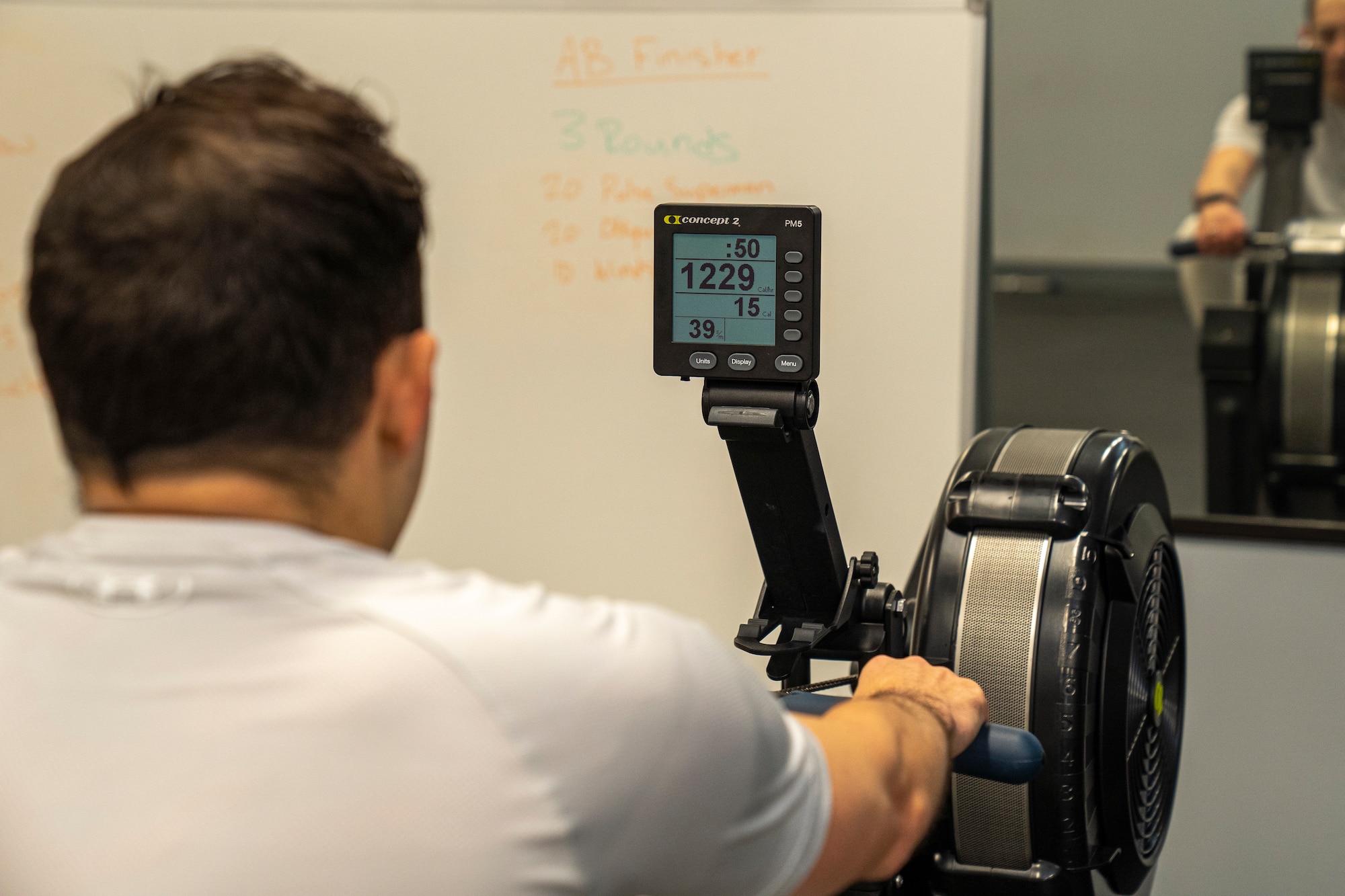 U.S. Air Force Tech. Sgt. Anthony Maldonado, 338th Training Squadron mission management support specialist, utilizes a row machine at the Human Performance building at Keesler Air Force Base, Mississippi, Jan. 30, 2024.