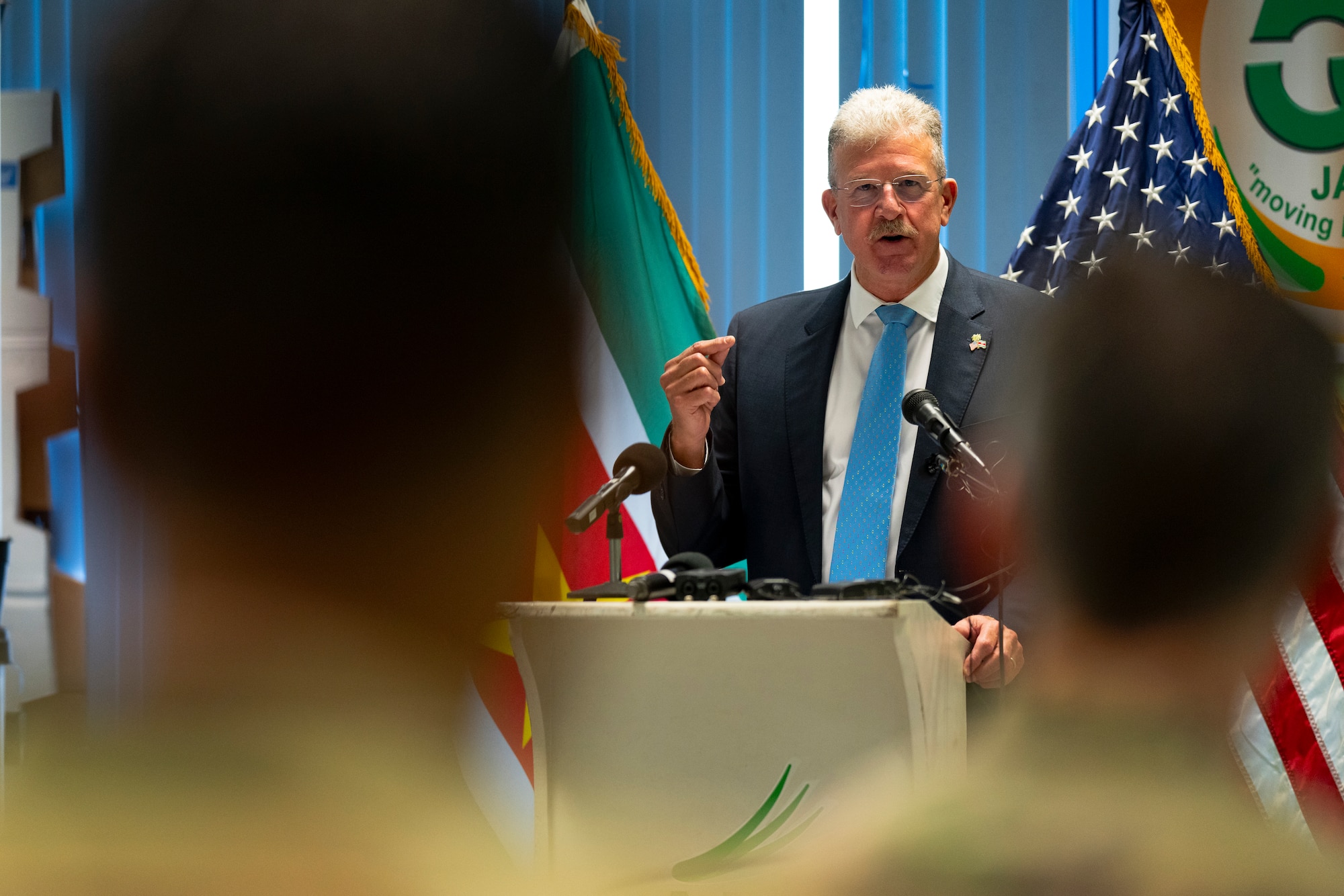 Robert Faucher, U.S. Ambassador to Suriname, gives remarks during a closing ceremony for the Lesser Antilles Medical Assistance Team mission at the Academic Hospital in Suriname, Feb. 28, 2024. LAMAT is representative of the United States’ commitment to its partners through medical assistance and mutual exchange of knowledge. (U.S. Air Force photo by Tech. Sgt. Rachel Maxwell)